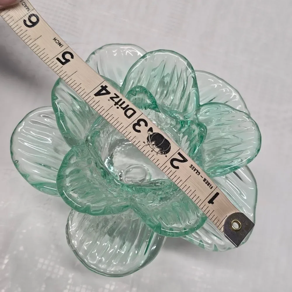 Vintage Teal Recycled Glass Footed Lotus Flower Candle Holder Art Deco Boho